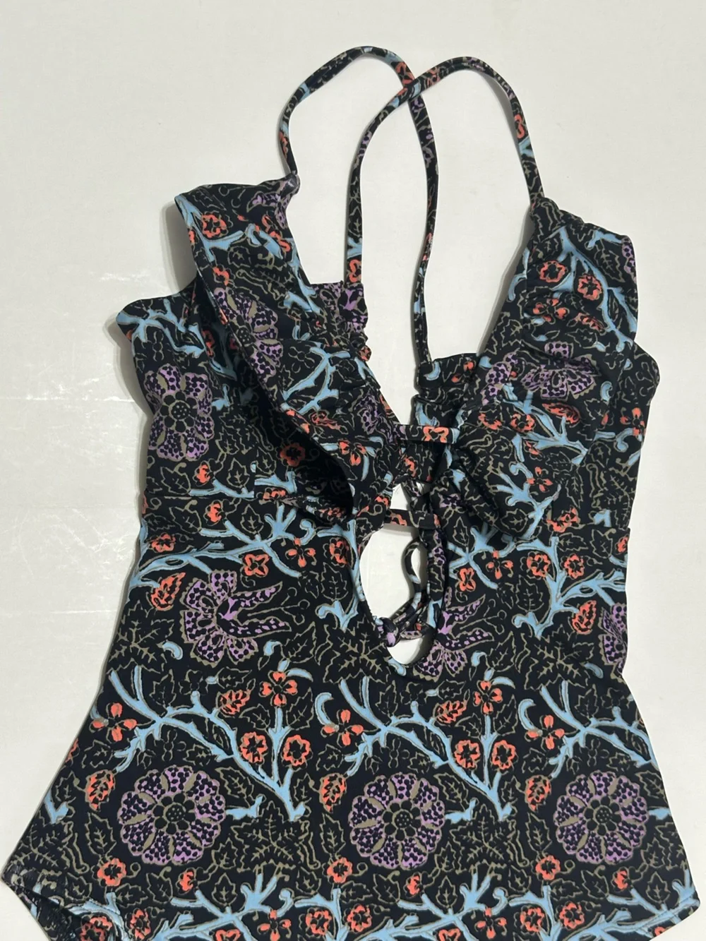 SEA NEW YORK MARLEE ONE PIECE Floral Ruffle Swimsuit Black w/ Pastel Prints XXS